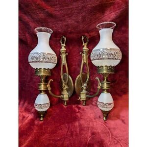 Underwriters laboratory Vintage ornate glass and brass light sconces. In good wo